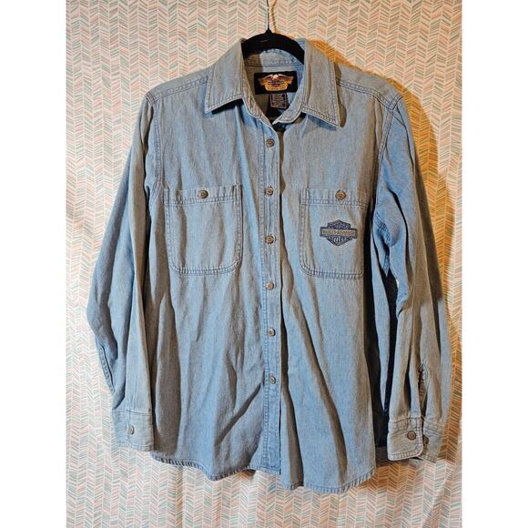 Harley Davidson Denim Shirt Womens L Long Sleeve Button Embroidered Logo Pocket - Picture 1 of 7